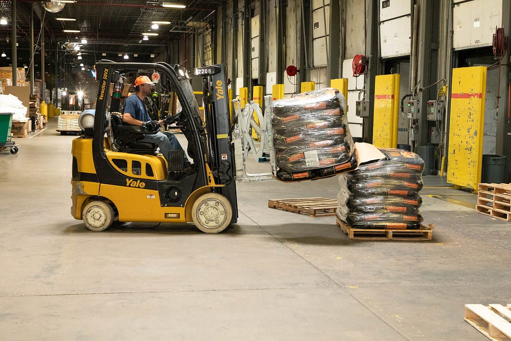 Flagstaff Purina forklift stacking palettes.