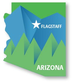 Flagstaff AZ location graphic with mountains and trees